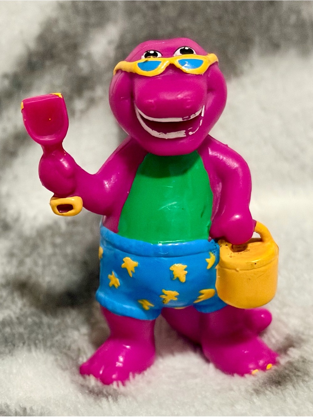 1993 Barney & Friends - Barney 3” PVC Figure with a shovel/sand pail/Sun Glasses